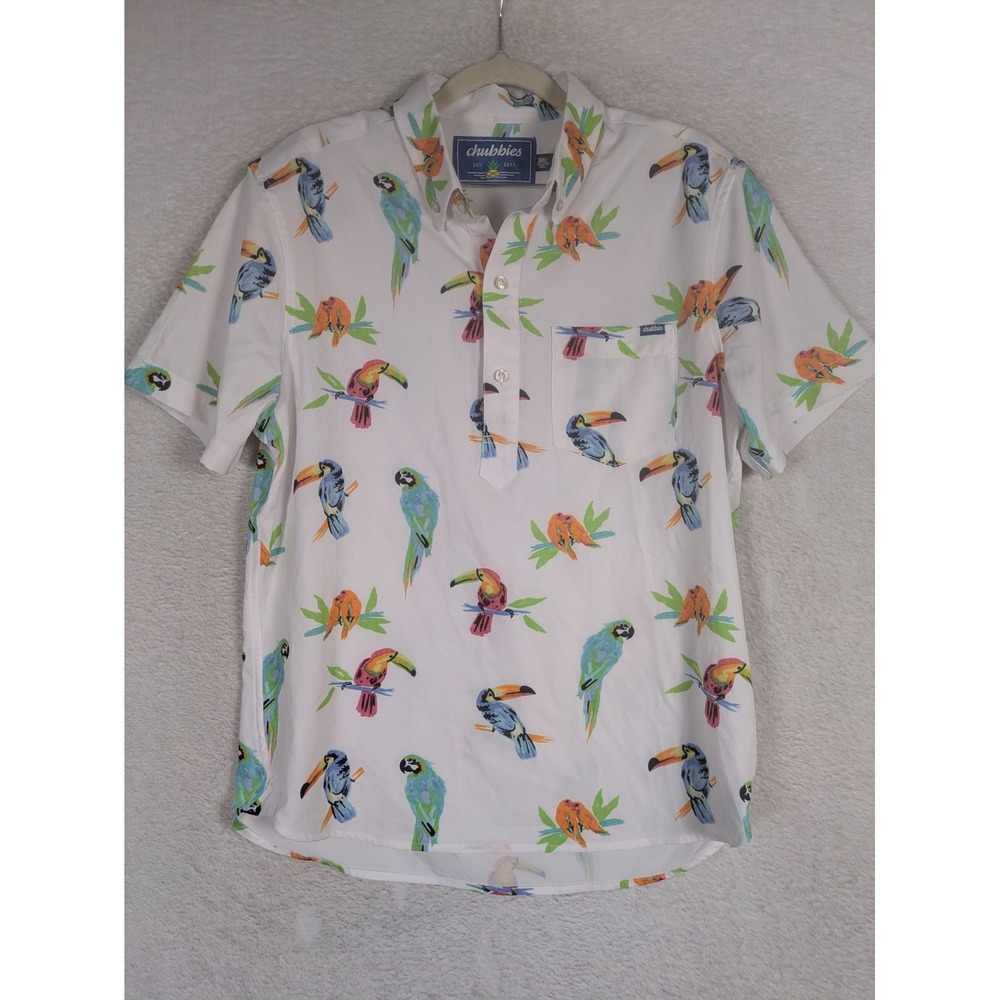 Chubbies Polo Shirt Men's Small White Tropical Bird Parrot Toucan Stretch Pocket